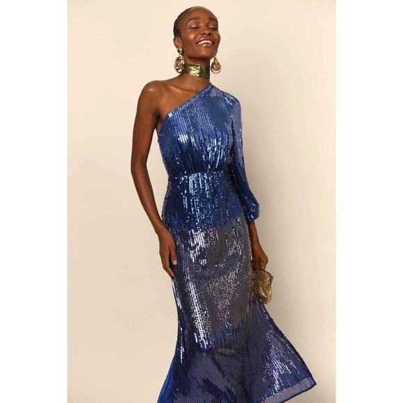 NWT RIXO Bradshaw One-sleeve Sequined Dégradé Chiffon Midi Dress Blue Formal 8 - Picture 1 of 15